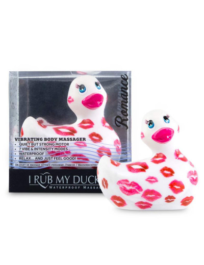 Белый вибратор-уточка I Rub My Duckie 2.0 Romance с розовым принтом