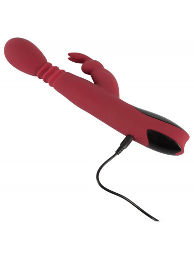 Красный вибромассажер с клиторальным отростком Rabbit Vibrator - 26,5 см.
