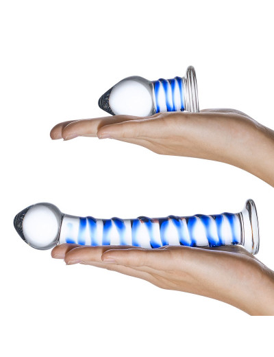 Набор из 2 стеклянных игрушек с синей спиралью Swirly Dildo   Buttplug Set