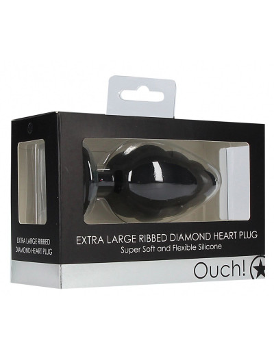 Черная анальная пробка Extra Large Ribbed Diamond Heart Plug - 9,6 см.