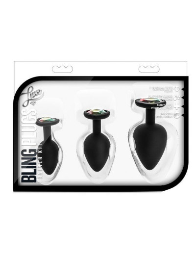 Набор из 3 черных анальных пробок с радужным кристаллом Bling Plugs Training Kit