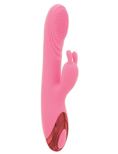 Розовый вибратор HEATING BRUSH BUNNY со стимулятором клитора и нагревом - 24 см.