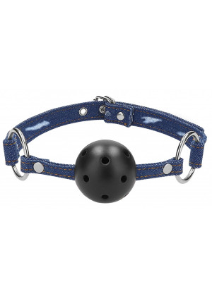 Кляп-шарик With Roughend Denim Straps с синими джинсовыми ремешками
