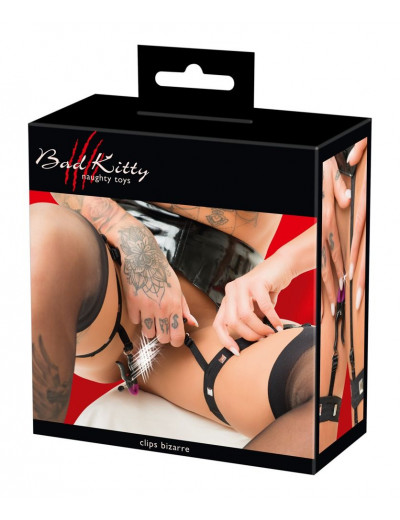 Черная сбруя на бедра с зажимами для половых губ Suspender Belt with Clamps