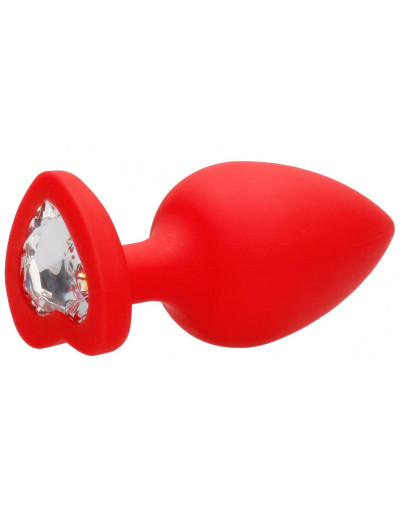 Красная анальная пробка с прозрачным стразом Extra Large Diamond Heart Butt Plug - 9,5 см.