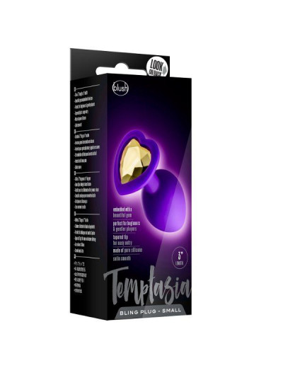 Фиолетовая анальная пробка с золотистым кристаллом-сердцем Bling Plug Small - 7,6 см.