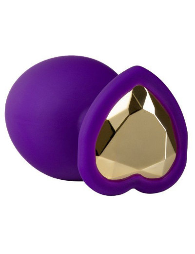 Фиолетовая анальная пробка с золотистым кристаллом-сердцем Bling Plug Small - 7,6 см.