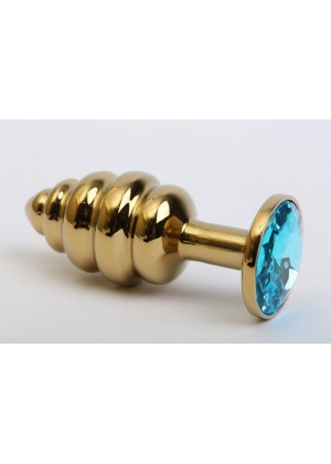 Золотистая ребристая анальная пробка с голубым стразом - 7,3 см.