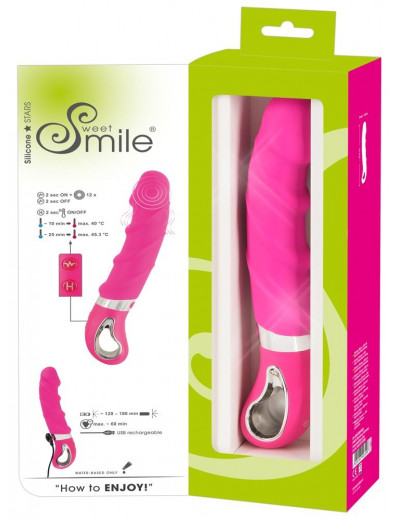 Розовый вибратор с рёбрышками и подогревом Warming Soft Vibrator - 22,8 см.