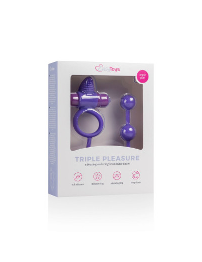 Фиолетовое эрекционное виброкольцо с анальной цепочкой Triple Pleasure