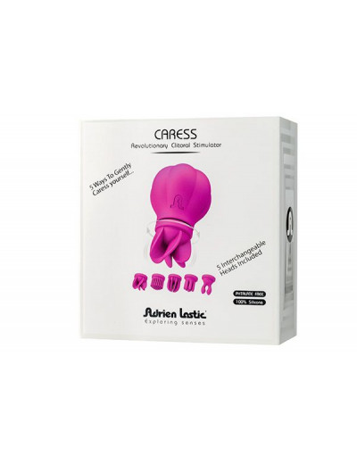 Розовый клиторальный стимулятор Caress с 5 заменяемыми насадками