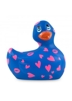 Синий вибратор-уточка I Rub My Duckie 2.0 Romance с розовым принтом