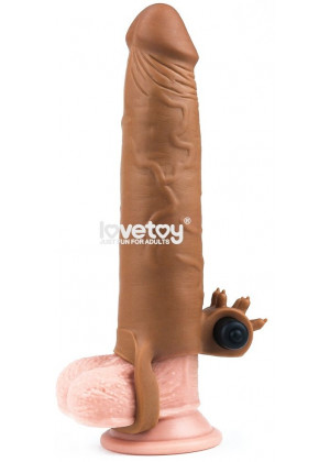 Коричневая вибронасадка-удлинитель на пенис Add 3 Pleasure X Tender Vibrating Penis Sleeve - 19,5 см.