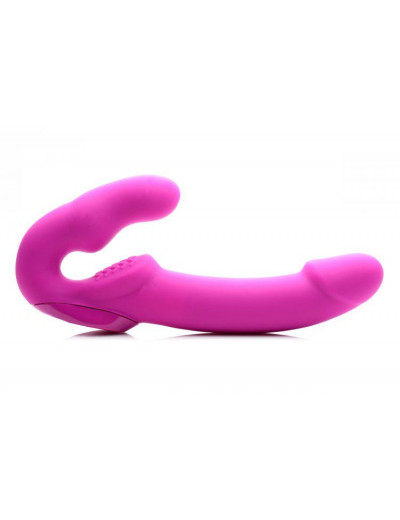 Розовый безремневой страпон с вибрацией Evoke Rechargeable Vibrating Strap On - 24,7 см.
