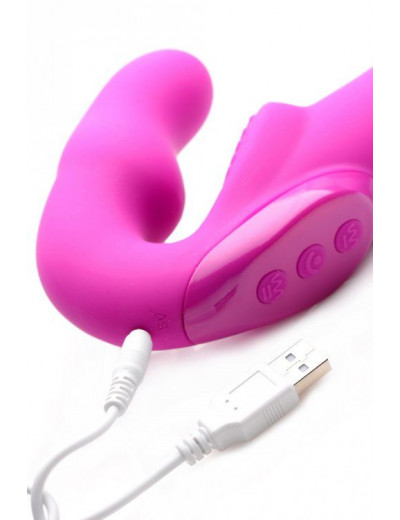 Розовый безремневой страпон с вибрацией Evoke Rechargeable Vibrating Strap On - 24,7 см.