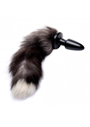 Черная анальная пробка с серым лисьим хвостом Grey Fox Tail Anal Plug