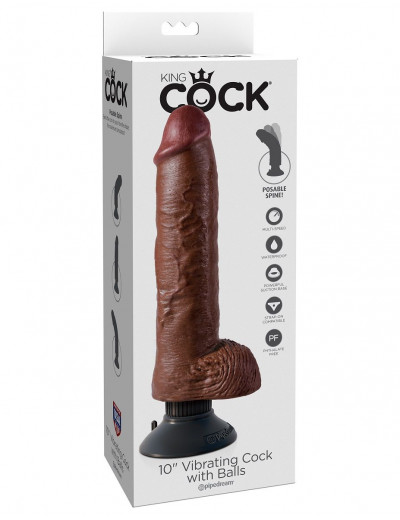 Коричневый вибратор-гигант со съёмной присоской 10  Vibrating Cock with Balls - 25,4 см.