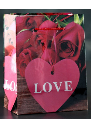 Подарочный пакет Love с розочками и сердечками - 15 х 12 см.