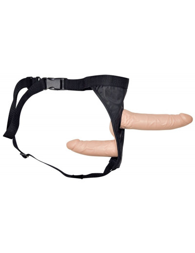 Телесный страпон с вагинальной пробкой Double Dong Strap-On - 19 см.