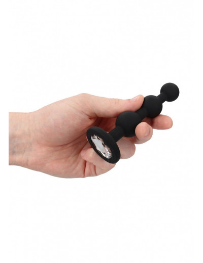 Черная анальная елочка с прозрачным стразом Beaded Diamond Butt Plug - 11,4 см.