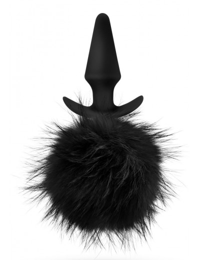 Силиконовая анальная пробка с чёрным заячьим хвостом Bunny Tail Pom Plug - 12,7 см.