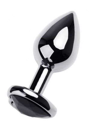 Серебристая коническая анальная пробка с черным кристаллом-сердечком - 7 см. 