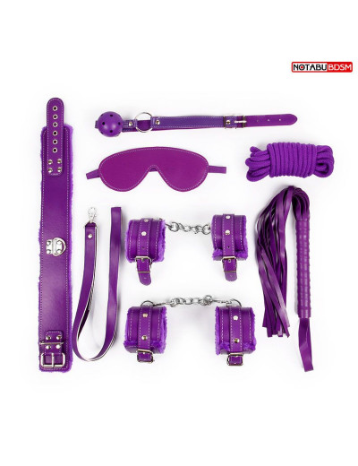 Большой набор БДСМ в фиолетовом цвете: маска, кляп, плётка, ошейник, наручники, оковы, верёвка
