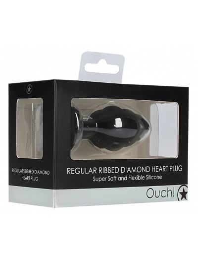 Черная анальная пробка Regular Ribbed Diamond Heart Plug - 7 см.