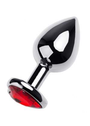 Серебристая анальная втулка с красным стразом-сердцем - 9,5 см.