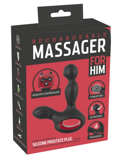 Черный вибромассажер простаты с нагревом и ротацией Prostate Plug - 14,5 см.