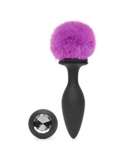 Черная анальная вибропробка Rechargeable Vibrating Bunny Tail Butt Plug Large - 14 см.