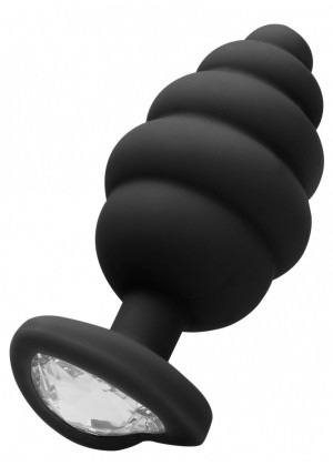 Черная анальная пробка Large Ribbed Diamond Heart Plug - 8 см.