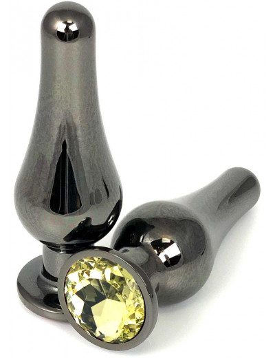 Черная удлиненная анальная пробка с желтым кристаллом - 11,5 см.