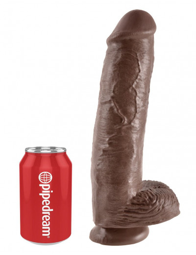 Коричневый фалоимитатор-гигант на присоске 11  Cock with Balls - 28 см.