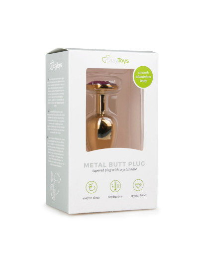 Золотистая анальная пробка с фиолетовым кристаллом Metal Butt Plug - 7,2 см.