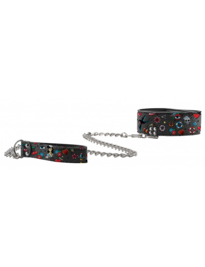 Ошейник Printed Collar With Leash Old School Tattoo Style
