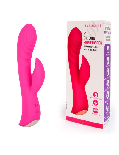 Ярко-розовый вибромассажер-кролик 5  Silicone Ripple Passion - 19,1 см.