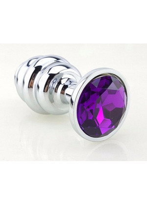 Серебристая рифлёная пробка с фиолетовым кристаллом - 9 см.