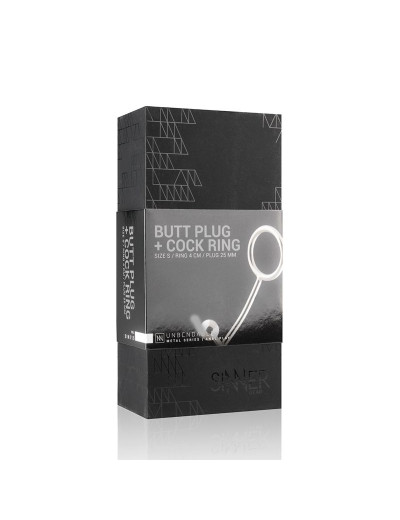 Серебристое эрекционное кольцо с анальной пробкой Sinner Metal Cock Ring With Anal Plug Size M
