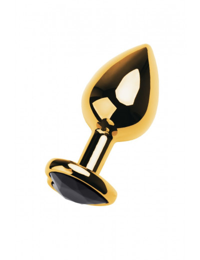 Золотистый анальный плаг с чёрным кристаллом-сердцем - 8,5 см.