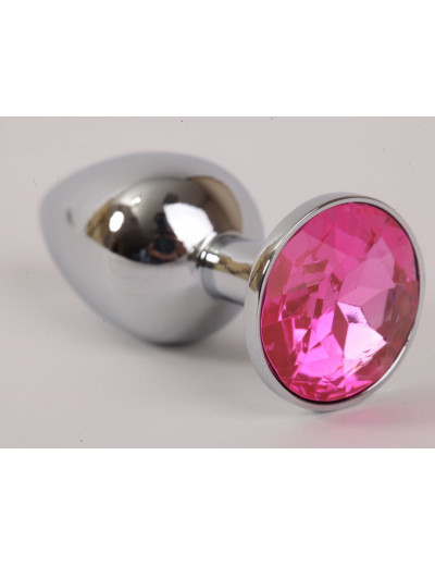 Серебряная металлическая анальная пробка с розовым стразиком - 9,5 см.