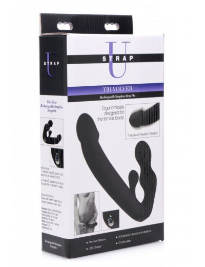 Черный безремневой страпон Tri-Volver Rechargeable Strapless Strap On
