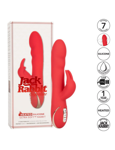Красный вибромассажер-кролик с функцией нагрева Heated Silicone Ultra-Soft Rabbit - 21,5 см.