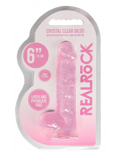 Розовый фаллоимитатор Realrock Crystal Clear 6 inch - 17 см.