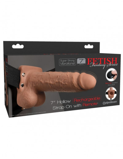 Кофейный перезаряжаемый вибрострапон 7  Hollow Rechargeable Strap-on with Balls - 20,3 см.