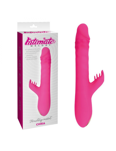 Розовый вибратор с клиторальным стимулятором Thrusting Rabbit - 25,3 см.