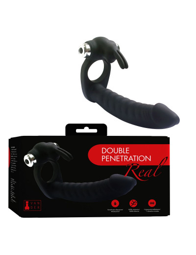 Черная вибронасадка Double Penetration Real с клиторальным зайчиком