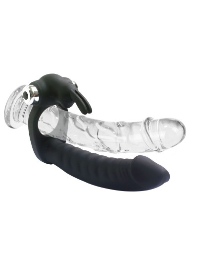 Черная вибронасадка Double Penetration Real с клиторальным зайчиком