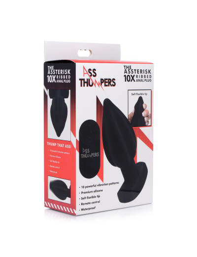 Черная анальная вибропробка с пультом ДУ The Assterisk 10X Ribbed - 13,5 см.