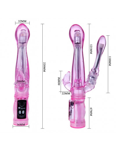 Розовый вибратор с анальным и клиторальным отростками Intimate Tease - 22 см.